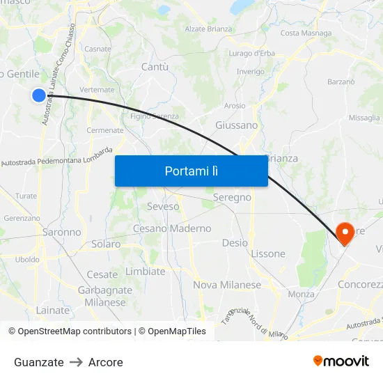 Guanzate to Arcore map