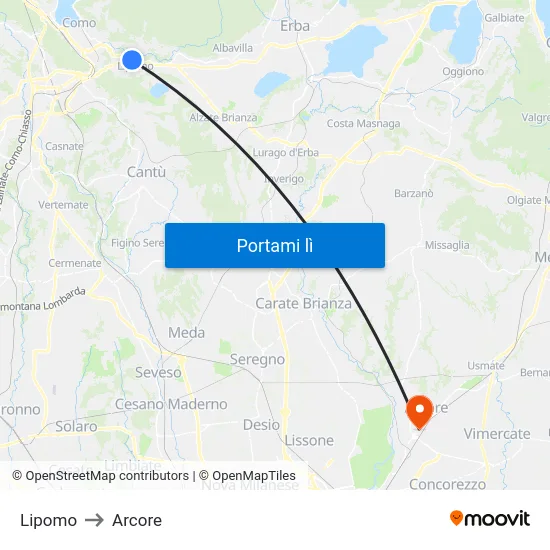 Lipomo to Arcore map