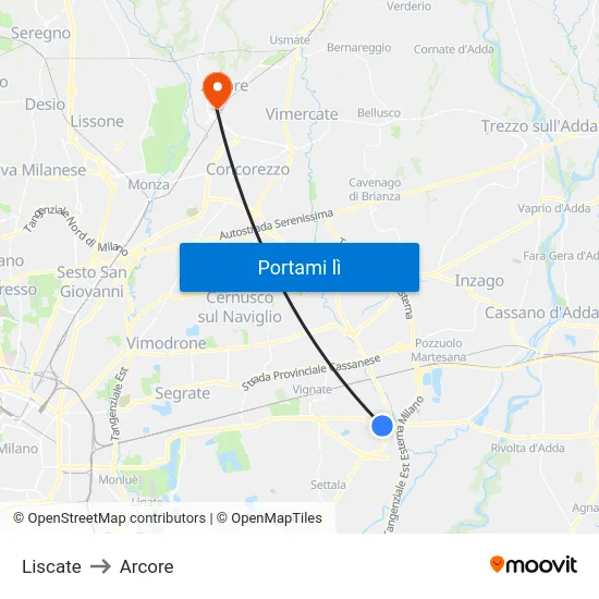 Liscate to Arcore map