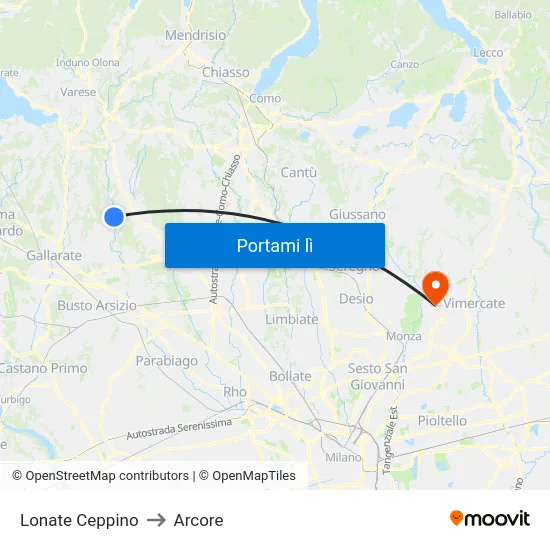 Lonate Ceppino to Arcore map