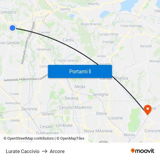 Lurate Caccivio to Arcore map