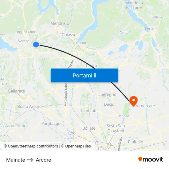 Malnate to Arcore map