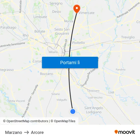 Marzano to Arcore map