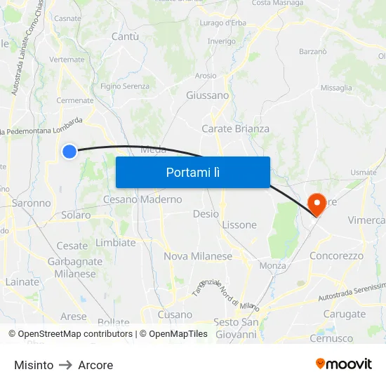 Misinto to Arcore map
