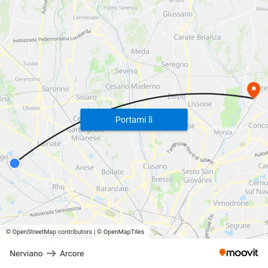 Nerviano to Arcore map