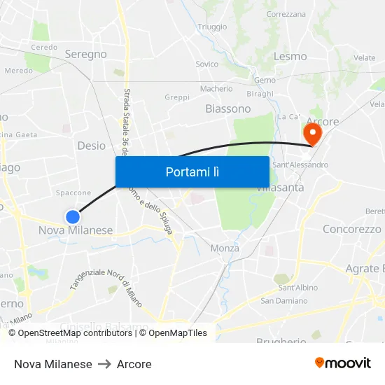 Nova Milanese to Arcore map