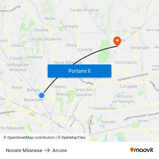 Novate Milanese to Arcore map