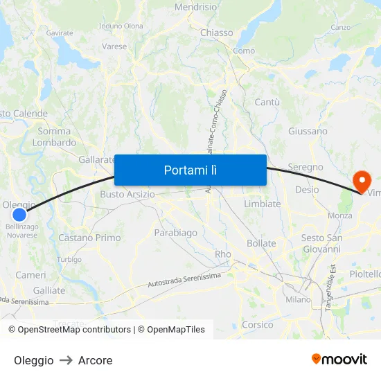 Oleggio to Arcore map