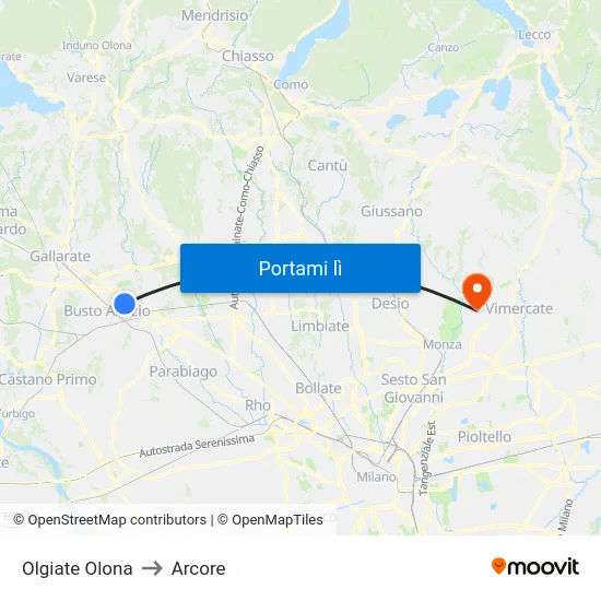 Olgiate Olona to Arcore map
