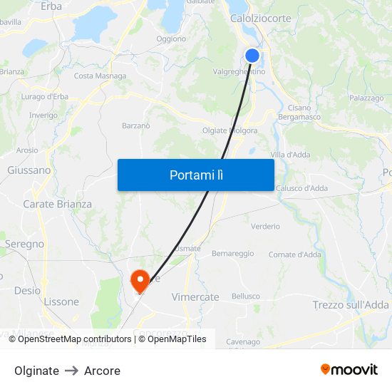 Olginate to Arcore map