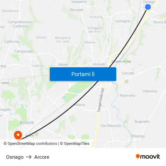 Osnago to Arcore map