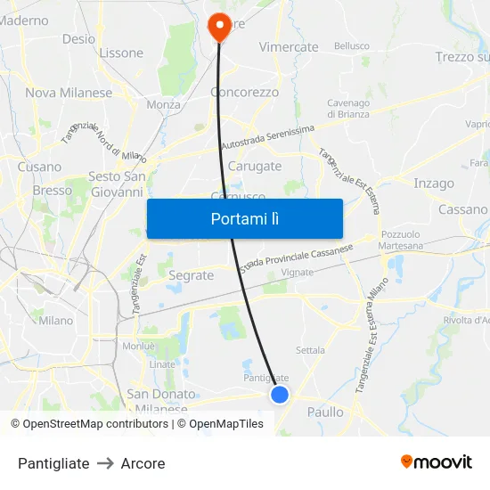 Pantigliate to Arcore map