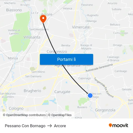 Pessano Con Bornago to Arcore map