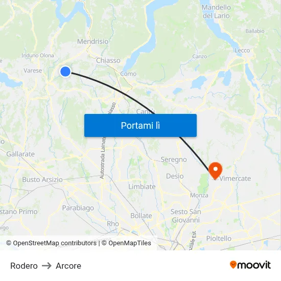 Rodero to Arcore map