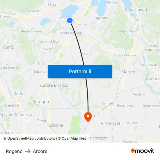 Rogeno to Arcore map