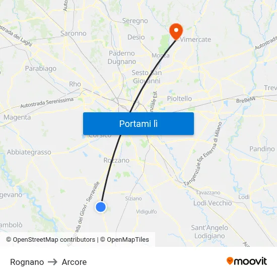 Rognano to Arcore map