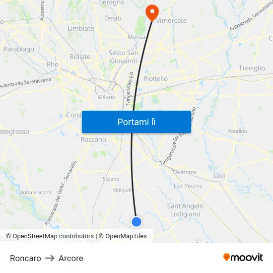 Roncaro to Arcore map