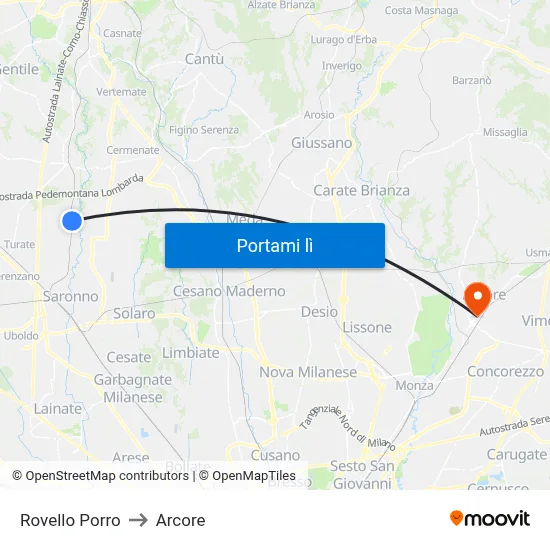 Rovello Porro to Arcore map