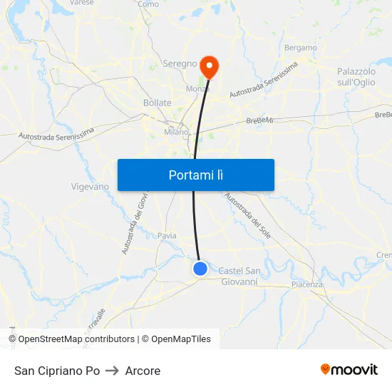 San Cipriano Po to Arcore map