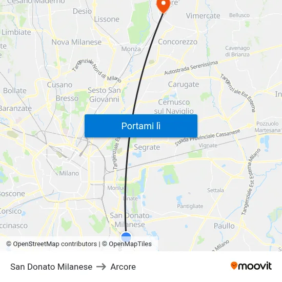 San Donato Milanese to Arcore map