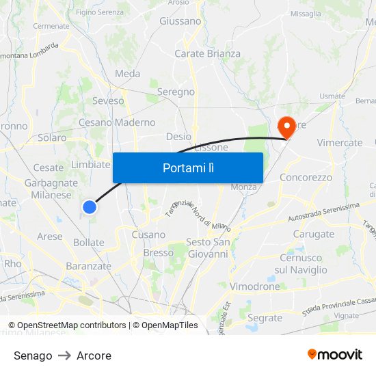 Senago to Arcore map
