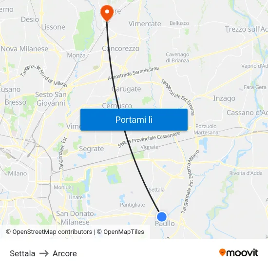 Settala to Arcore map