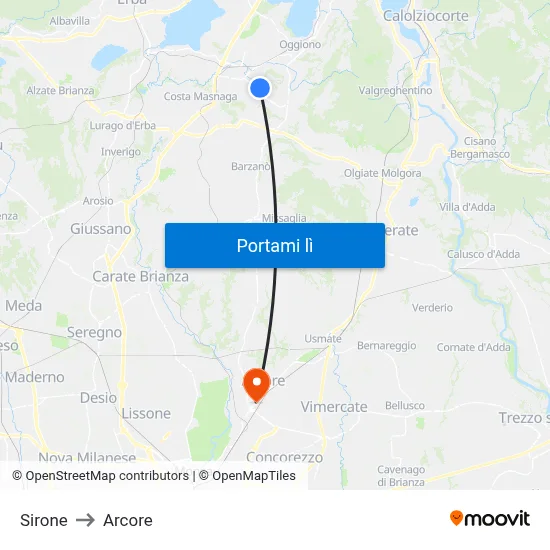 Sirone to Arcore map