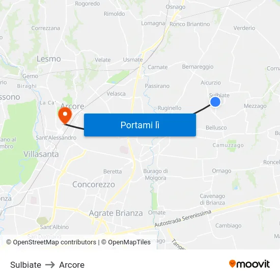 Sulbiate to Arcore map