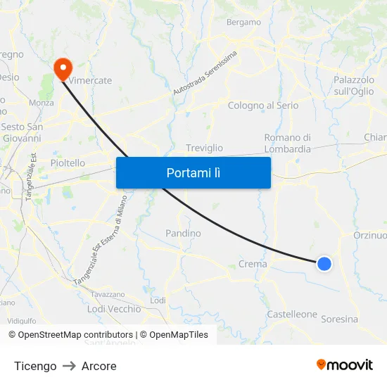 Ticengo to Arcore map