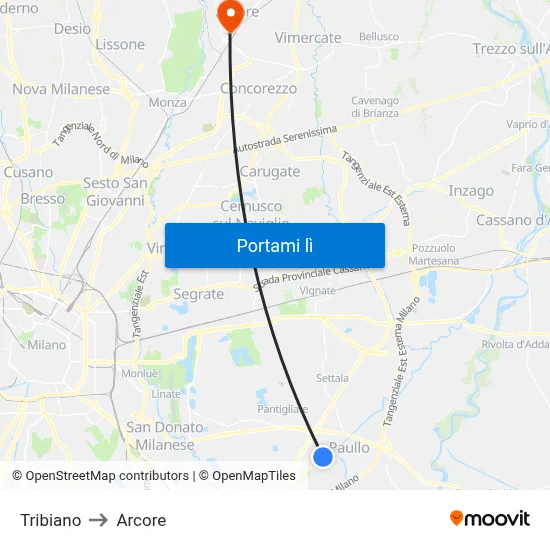 Tribiano to Arcore map
