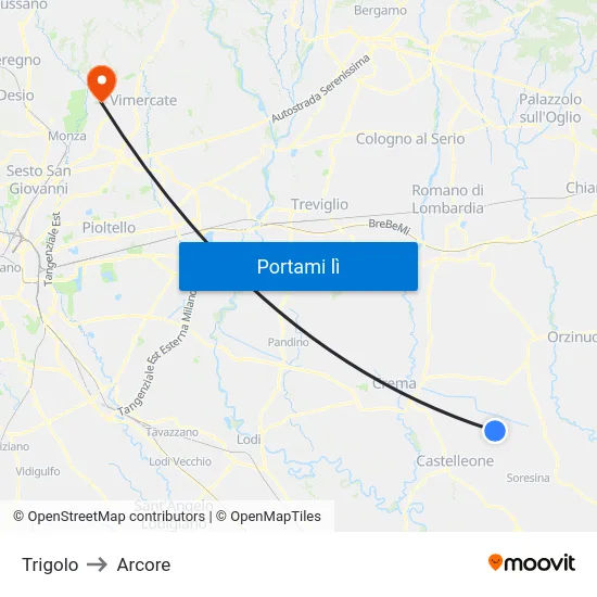 Trigolo to Arcore map