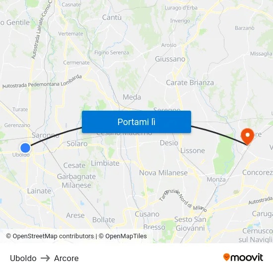 Uboldo to Arcore map