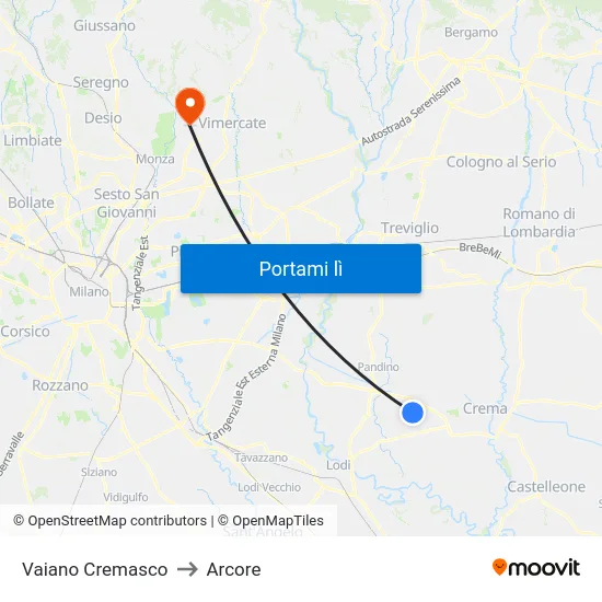 Vaiano Cremasco to Arcore map