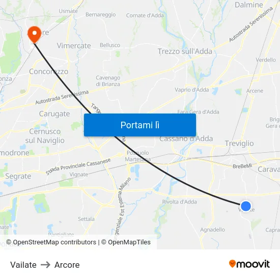 Vailate to Arcore map