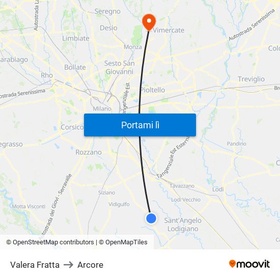 Valera Fratta to Arcore map