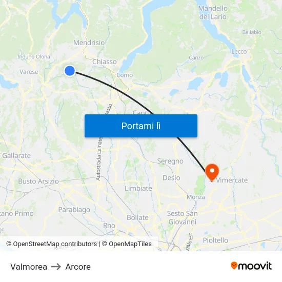 Valmorea to Arcore map