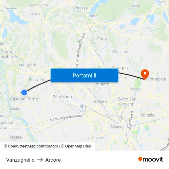 Vanzaghello to Arcore map