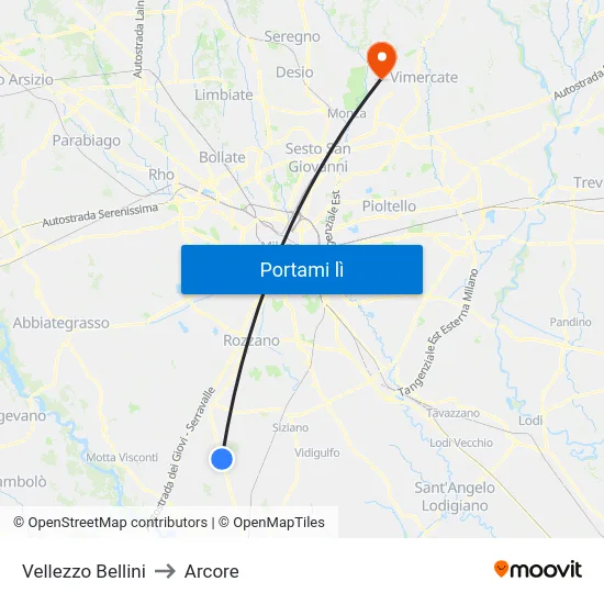 Vellezzo Bellini to Arcore map