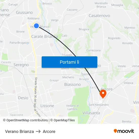 Verano Brianza to Arcore map