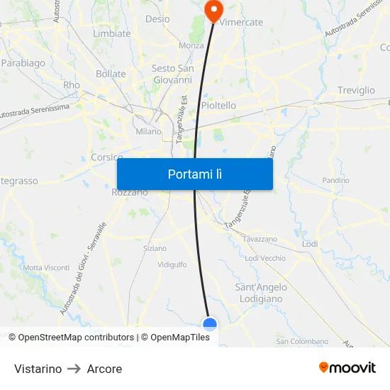 Vistarino to Arcore map