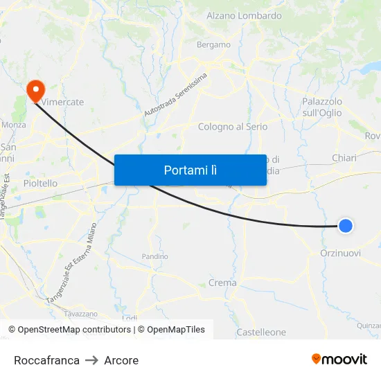 Roccafranca to Arcore map