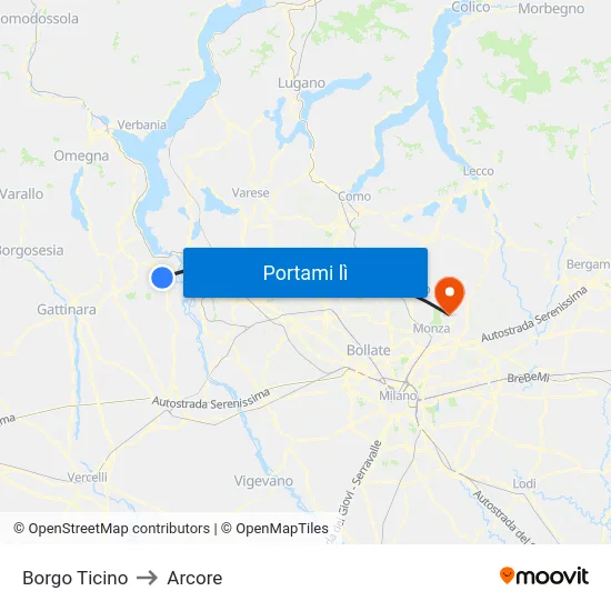 Borgo Ticino to Arcore map