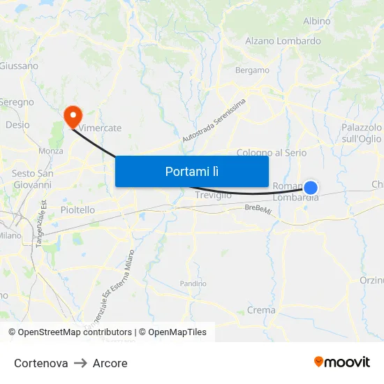 Cortenova to Arcore map