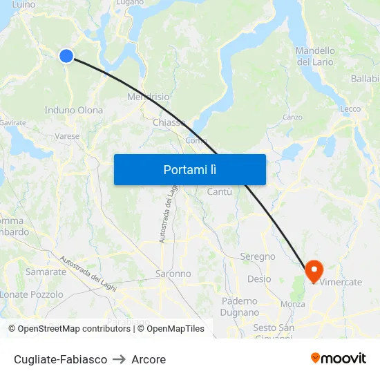 Cugliate-Fabiasco to Arcore map