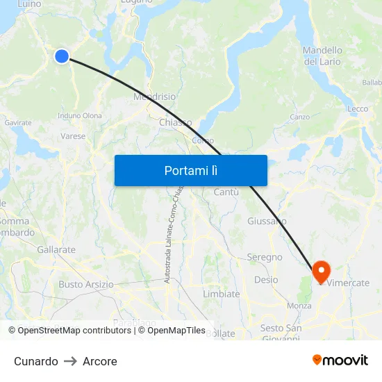 Cunardo to Arcore map