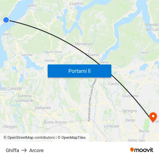 Ghiffa to Arcore map