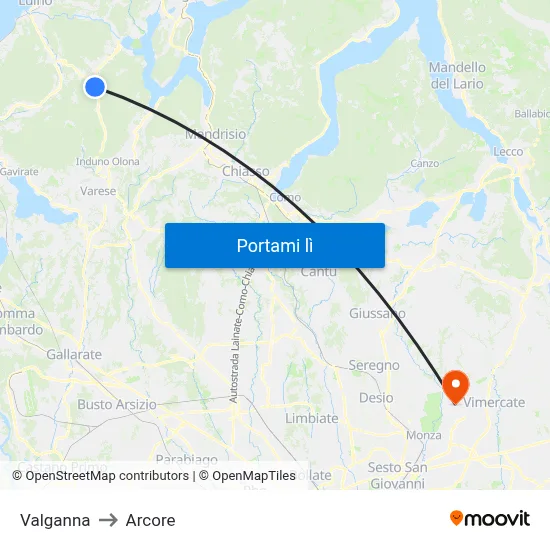 Valganna to Arcore map