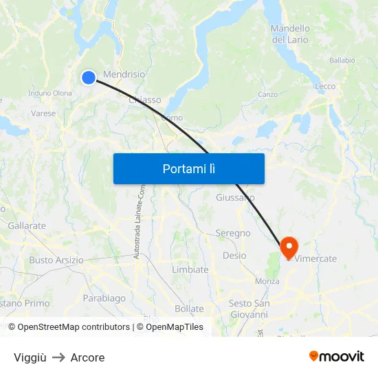 Viggiù to Arcore map