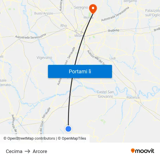 Cecima to Arcore map