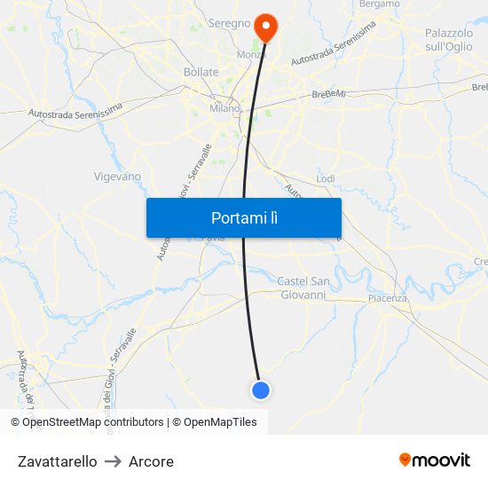 Zavattarello to Arcore map